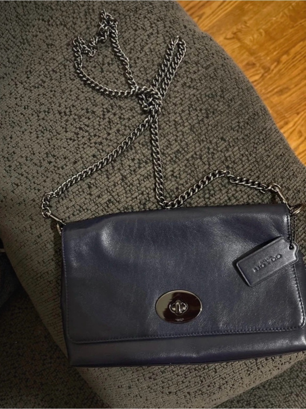 Coach Navy Leather Crossbody with Silver Turnlock and Chain Strap